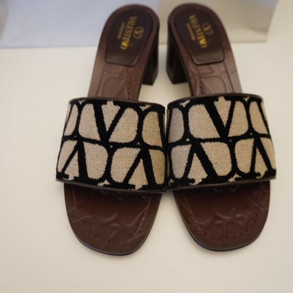 Valentino Garavani VLogo Sandals Block Heel Mules Slides Toile Canvas Size 8 38 - Picture 5 of 9